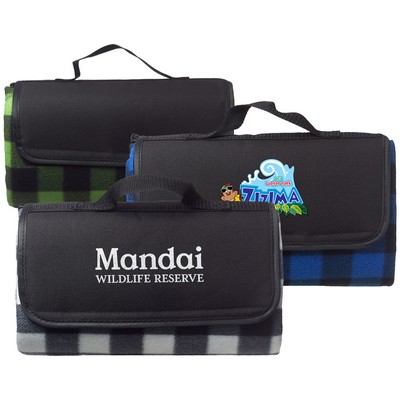 Fleece Blanket w/ Grid Pattern Design & Woven Handle Roll Up